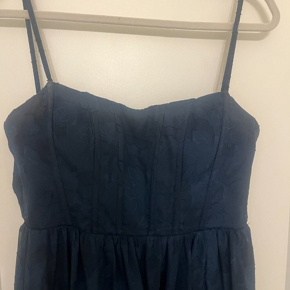 Azazie Navy Strapless Jacquard Tiered Midi Dress - Picture 3 of 5